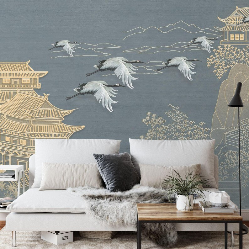 Japanese Chinoiserie Flying Cranes Wallpaper Mural