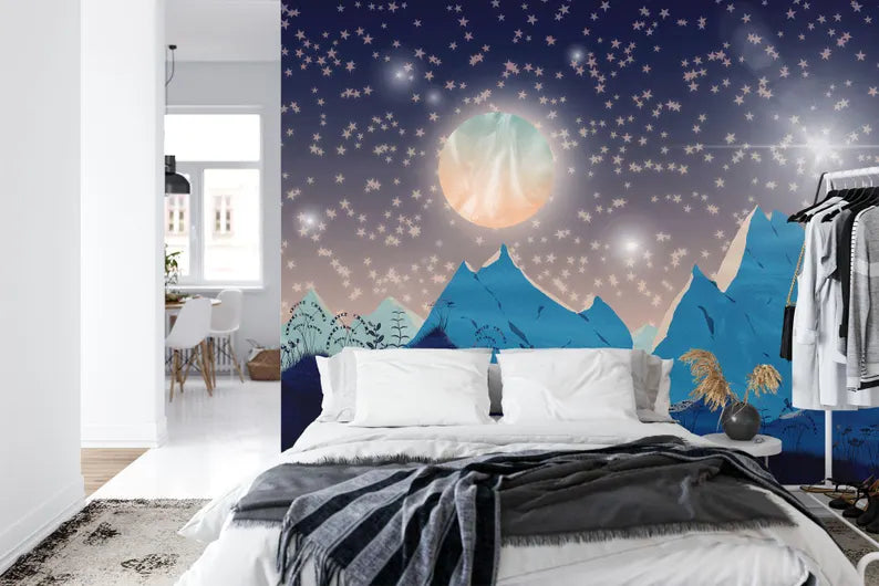 Mountains Moon Nursery Wallpaper Mural, Starry Night