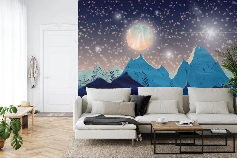 Mountains Moon Nursery Wallpaper Mural, Starry Night