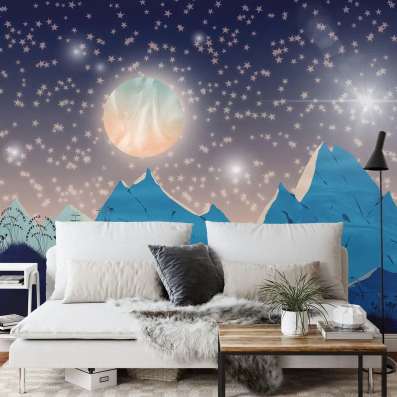 Mountains Moon Nursery Wallpaper Mural, Starry Night