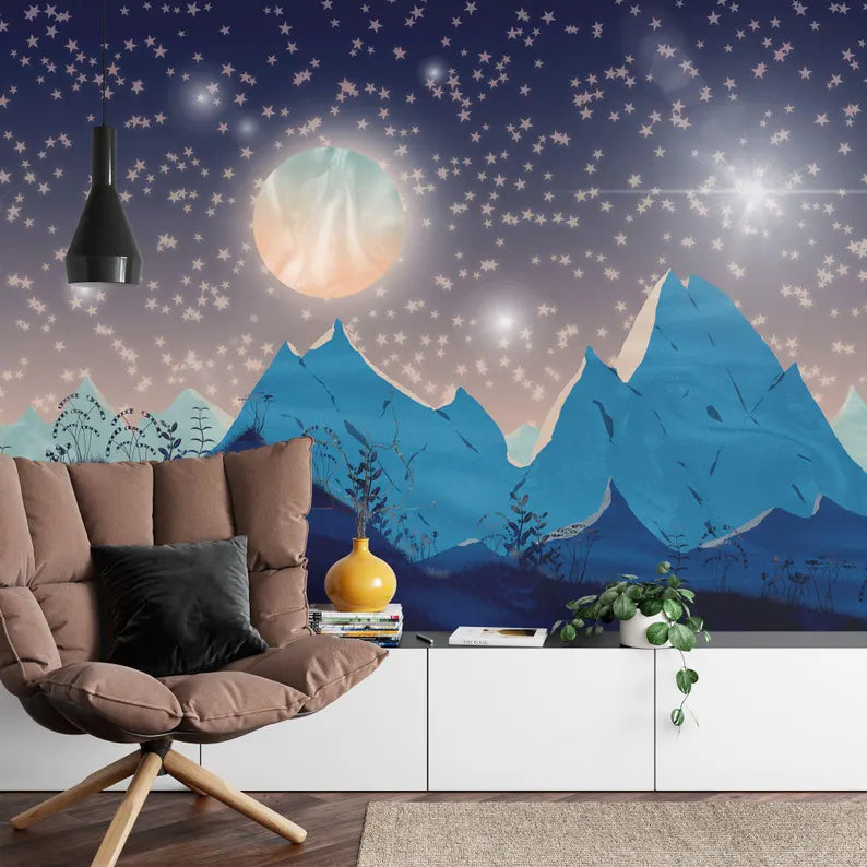 Mountains Moon Nursery Wallpaper Mural, Starry Night