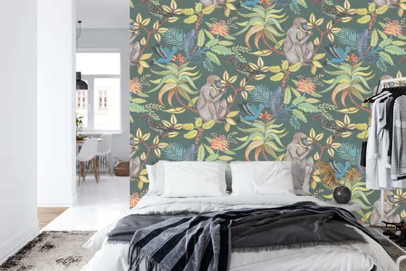 Vintage Monkey Flowers Tropical Wallpaper Mural