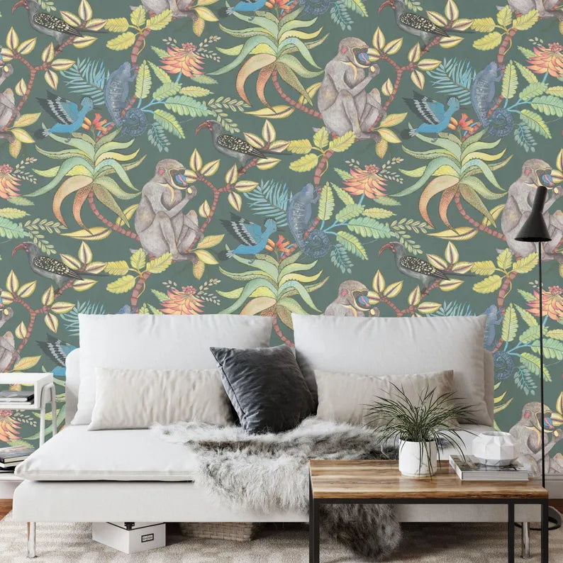Vintage Monkey Flowers Tropical Wallpaper Mural