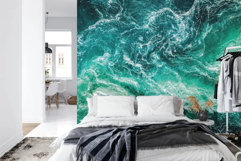 Emerald Green Ocean Waves Wallpaper Mural, Aerial View