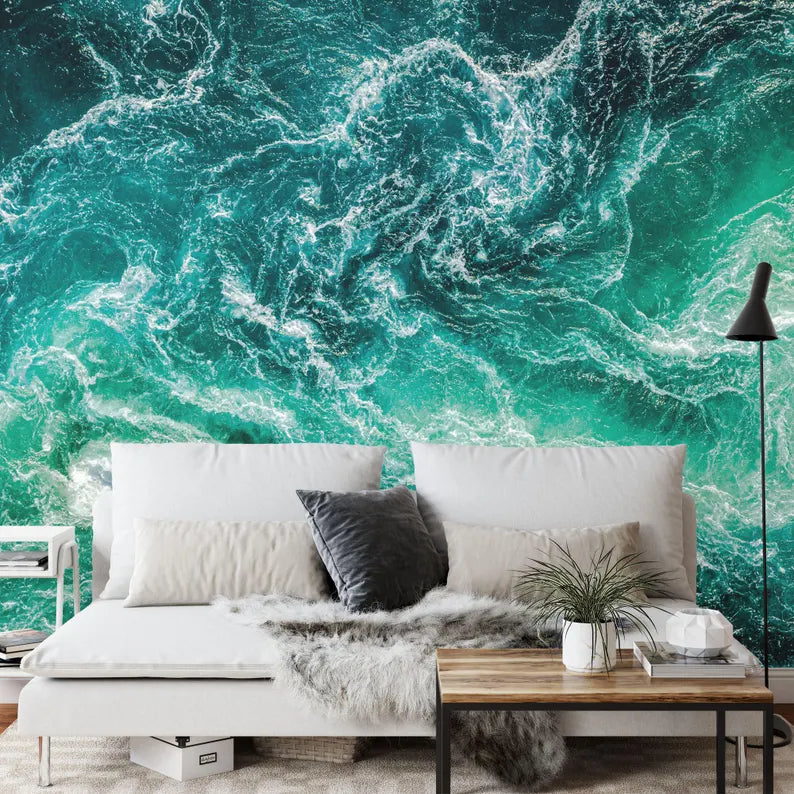 Emerald Green Ocean Waves Wallpaper Mural, Aerial View