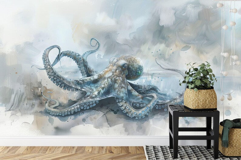 Watercolor Octopus Wall Mural Kids Nursery Decor