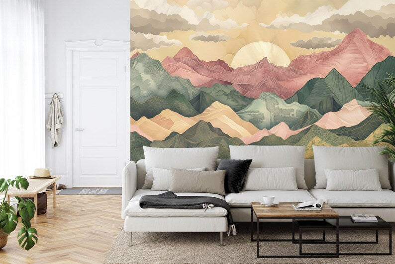 Wallpaper, Pastel Mountains Sunset Mural, Modern Nursery Decor