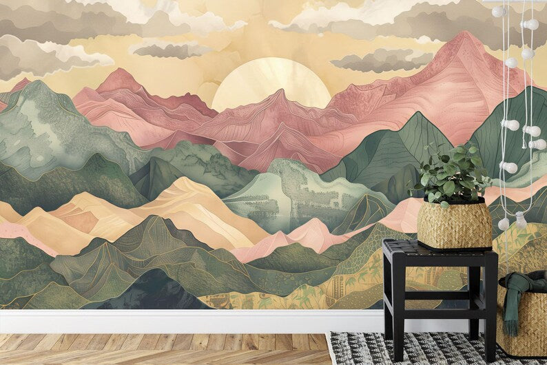 Wallpaper, Pastel Mountains Sunset Mural, Modern Nursery Decor