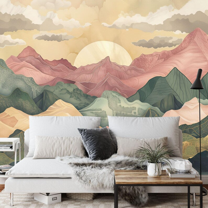 Wallpaper, Pastel Mountains Sunset Mural, Modern Nursery Decor