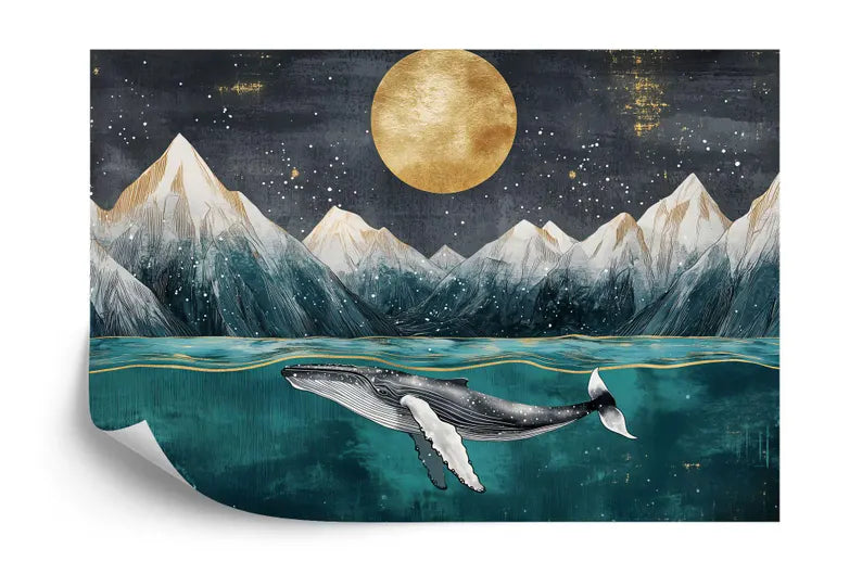 Art Deco Whale Mural, Ocean Mountains Nursery Wallpaper