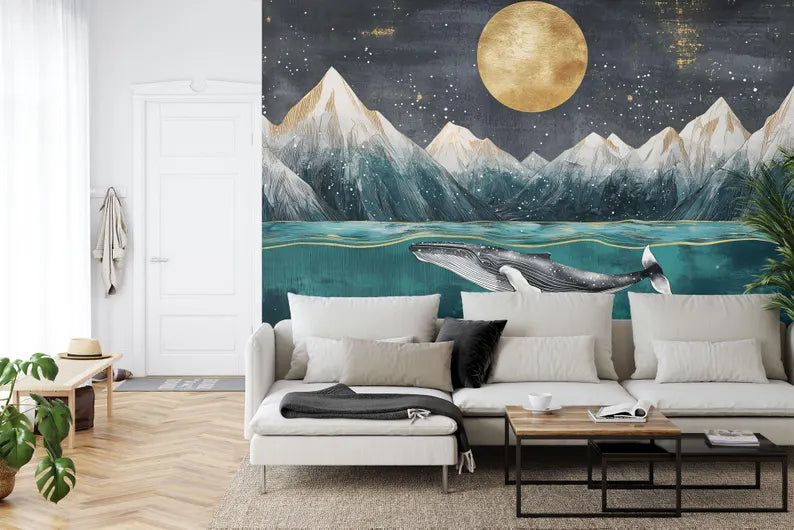 Art Deco Whale Mural, Ocean Mountains Nursery Wallpaper