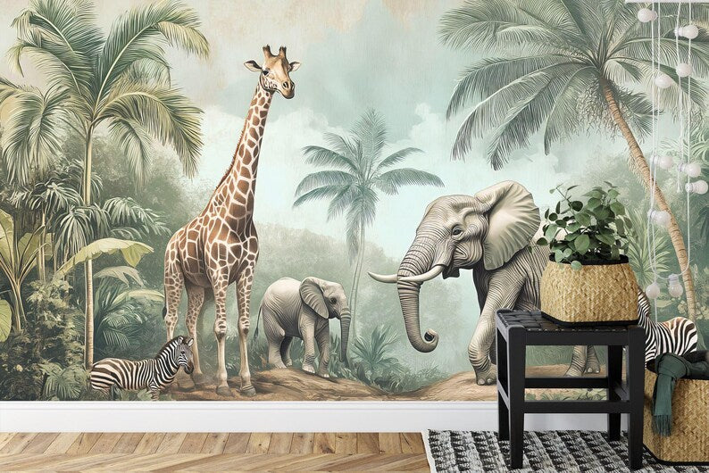 Jungle Animals Wallpaper Mural Kids Nursery Decor
