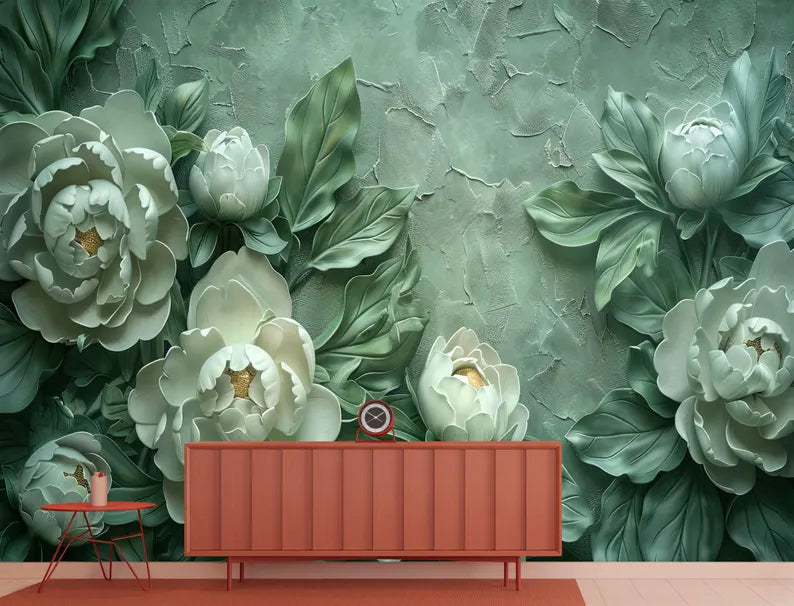 Green Peony Floral Art Mural, Plasterwork Wall Decor