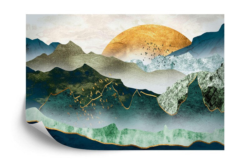 Green Golden Mountain Sunset Wallpaper Mural
