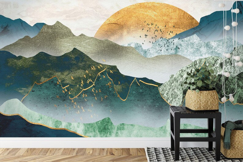 Green Golden Mountain Sunset Wallpaper Mural
