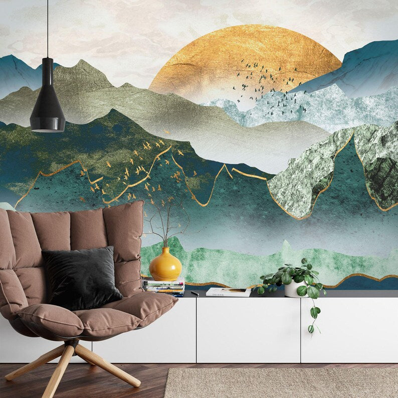 Green Golden Mountain Sunset Wallpaper Mural