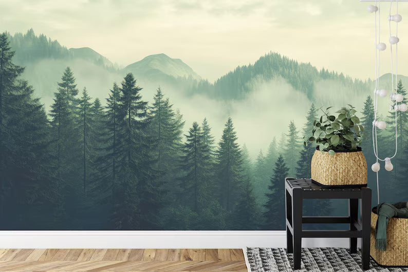 Green Foggy Forest Wallpaper Mural, Gift Art Print