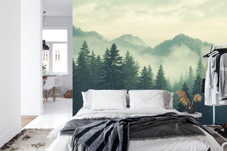 Green Foggy Forest Wallpaper Mural, Gift Art Print