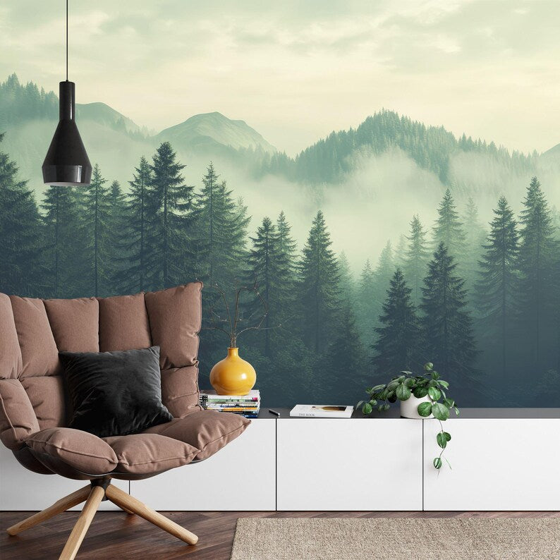 Green Foggy Forest Wallpaper Mural, Gift Art Print