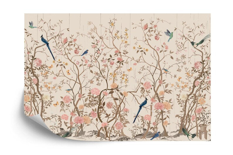 Chinoiserie Floral Wallpaper Mural, China Flower Birds