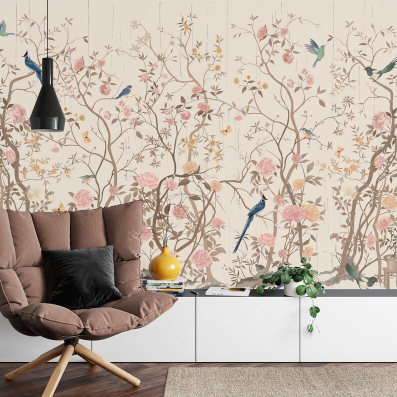 Chinoiserie Floral Wallpaper Mural, China Flower Birds