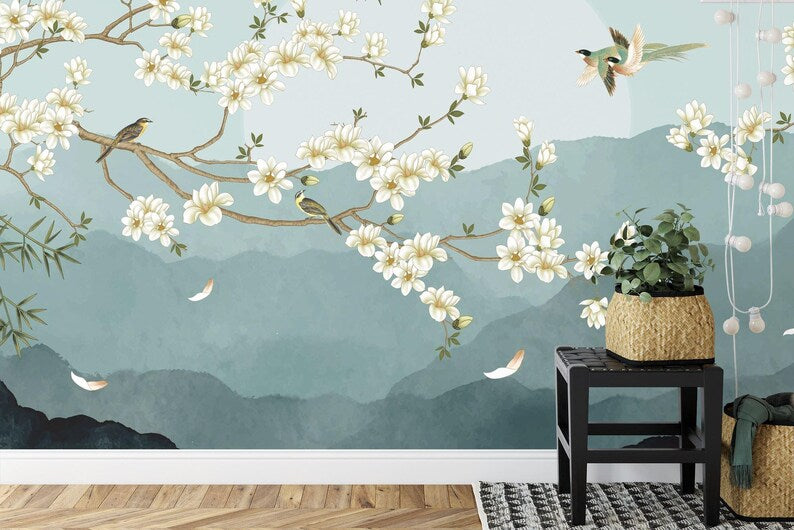 Chinoiserie Floral Wallpaper Mural, Birds and Flowers