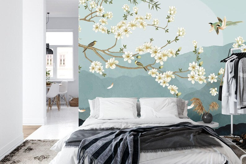 Chinoiserie Floral Wallpaper Mural, Birds and Flowers