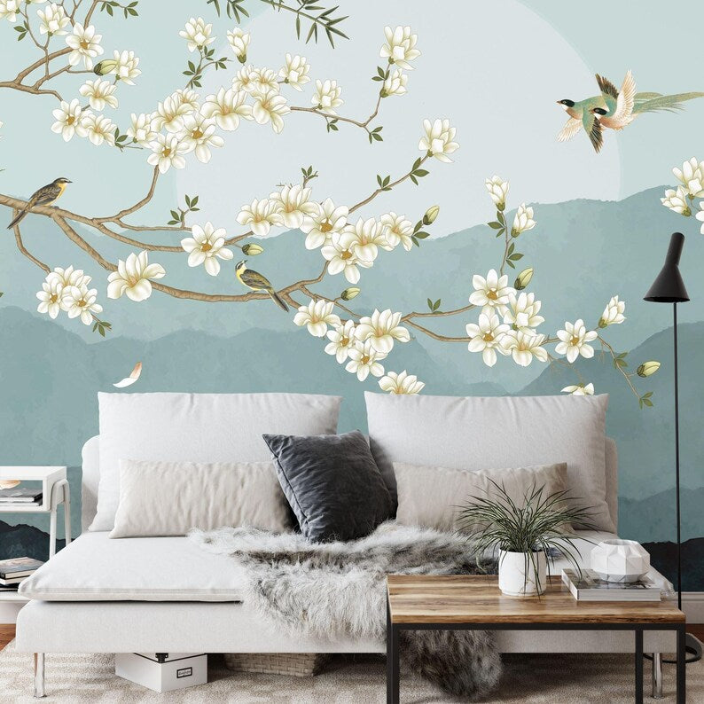 Chinoiserie Floral Wallpaper Mural, Birds and Flowers