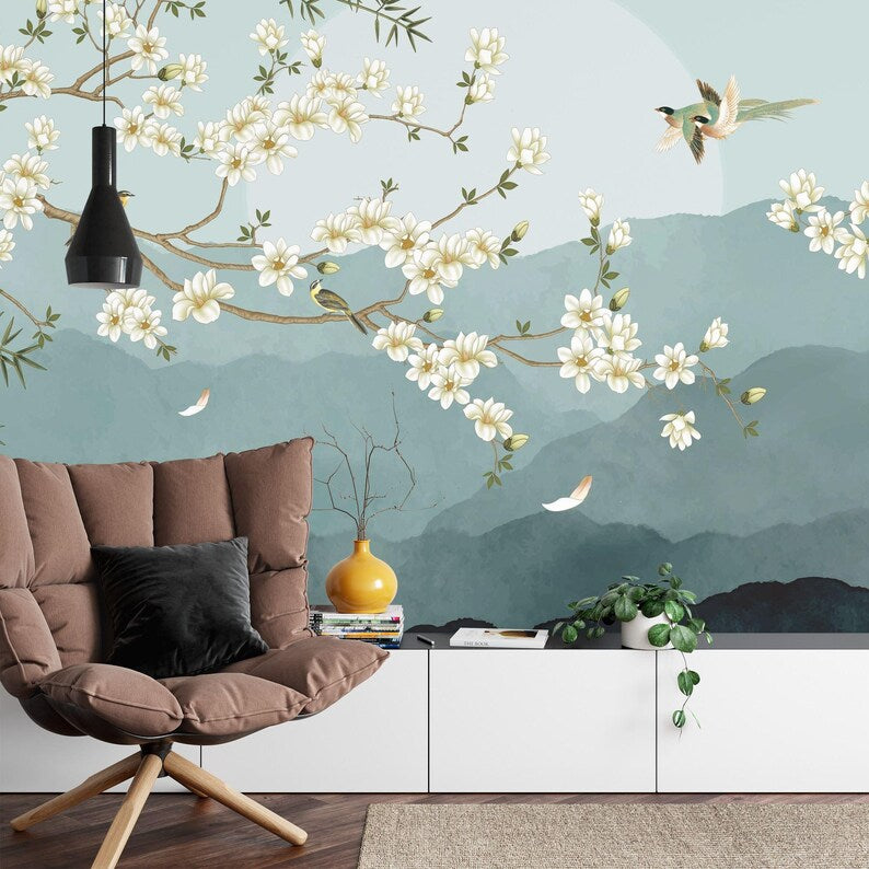 Chinoiserie Floral Wallpaper Mural, Birds and Flowers