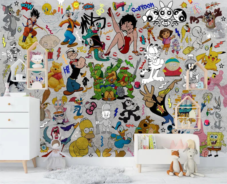 Cartoon Graffiti Wallpaper Mural, Kids Teenage Wall Decor