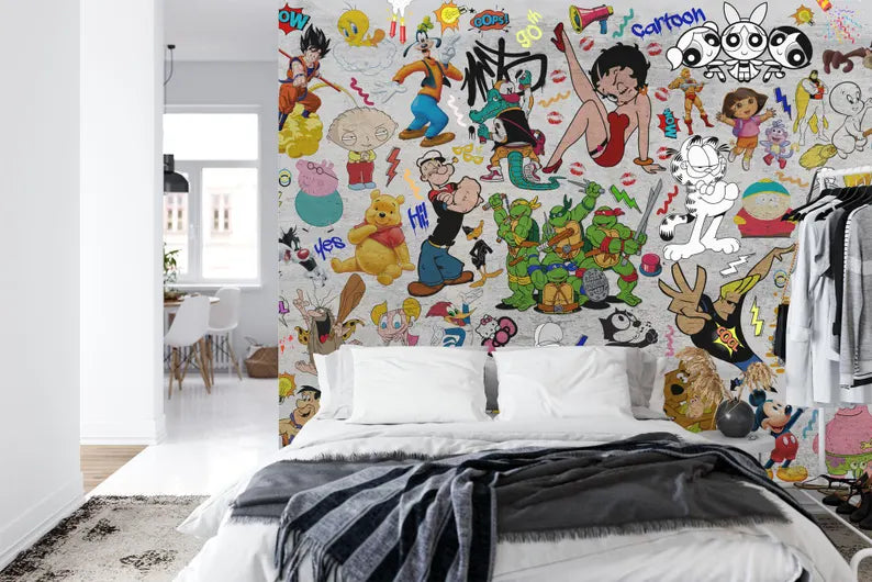 Cartoon Graffiti Wallpaper Mural, Kids Teenage Wall Decor