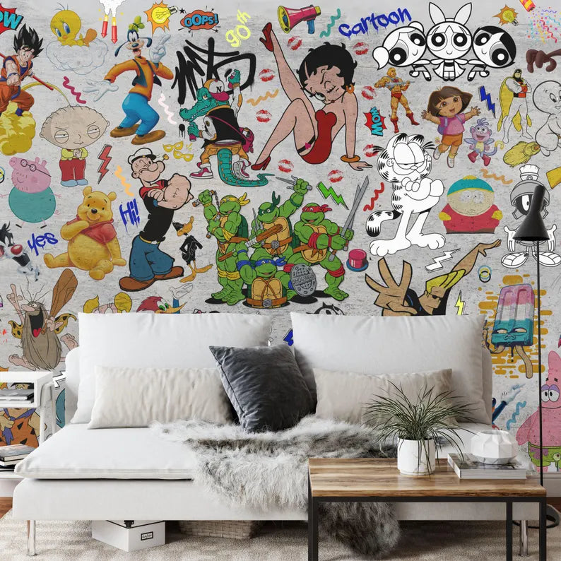 Cartoon Graffiti Wallpaper Mural, Kids Teenage Wall Decor