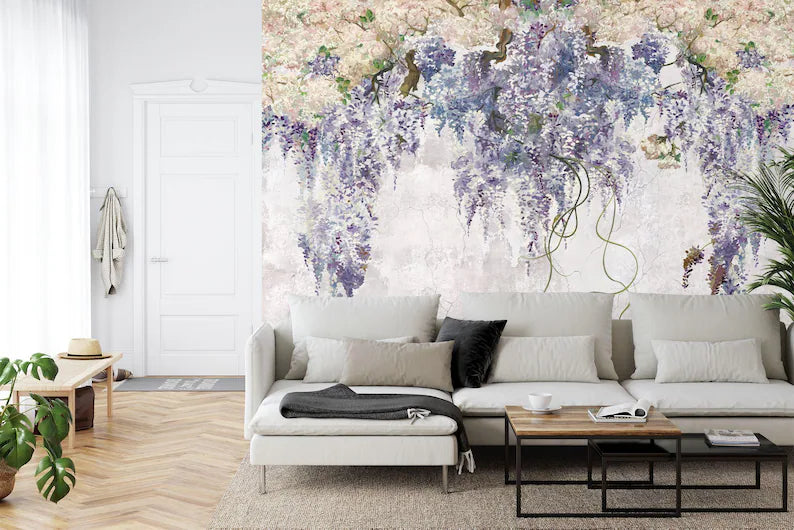 Lilac Floral Wallpaper Mural, Vintage Purple Flowers Gift