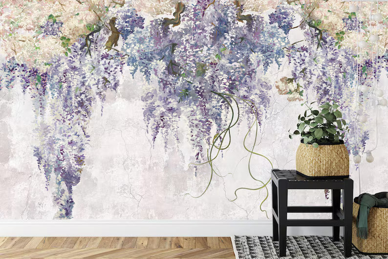 Lilac Floral Wallpaper Mural, Vintage Purple Flowers Gift