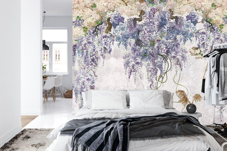 Lilac Floral Wallpaper Mural, Vintage Purple Flowers Gift