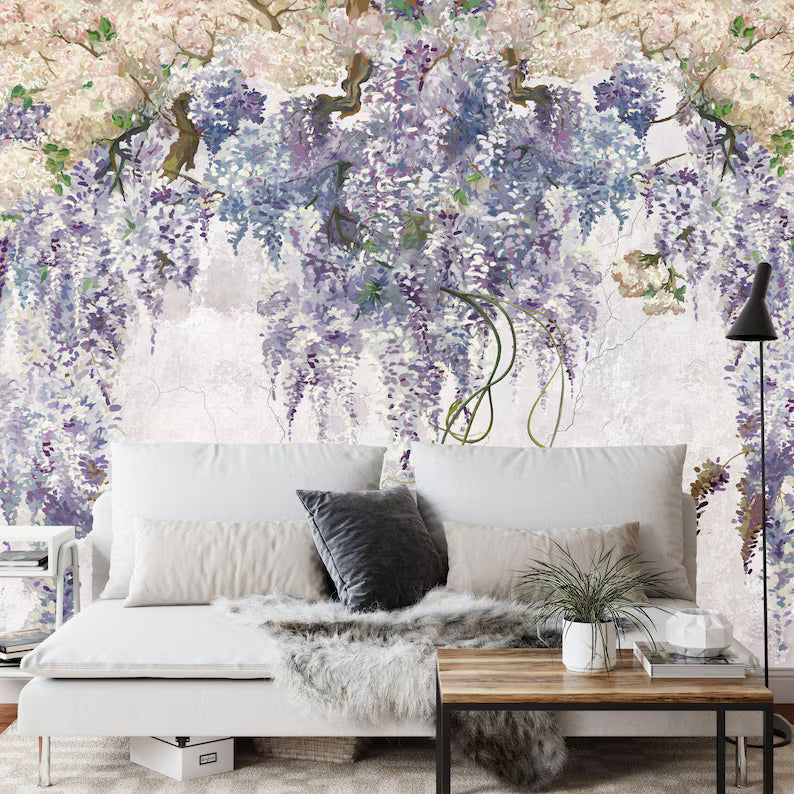 Lilac Floral Wallpaper Mural, Vintage Purple Flowers Gift