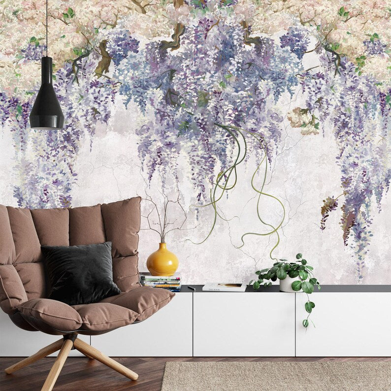 Lilac Floral Wallpaper Mural, Vintage Purple Flowers Gift