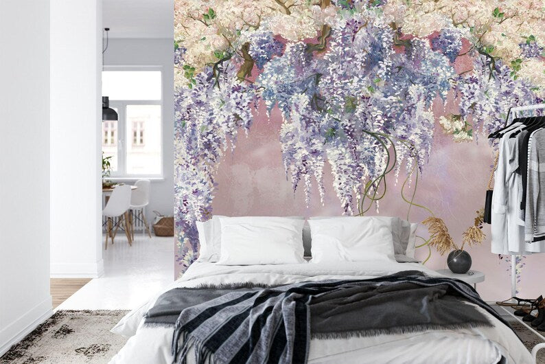 Lilac Floral Wallpaper Mural, Purple Flowers Art Print