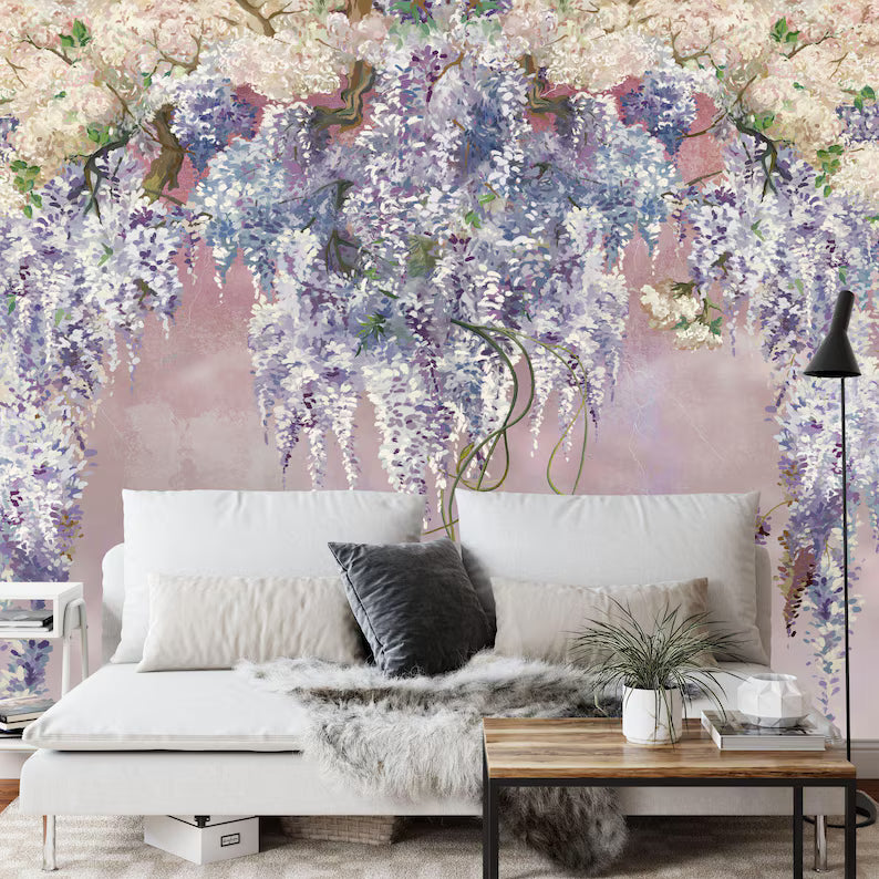 Lilac Floral Wallpaper Mural, Purple Flowers Art Print
