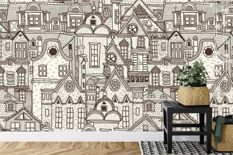 Outlined Village Wallpaper Mural, Kids Nursery Decor