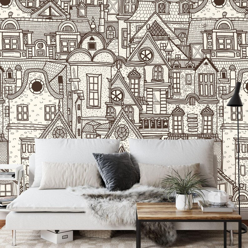 Outlined Village Wallpaper Mural, Kids Nursery Decor