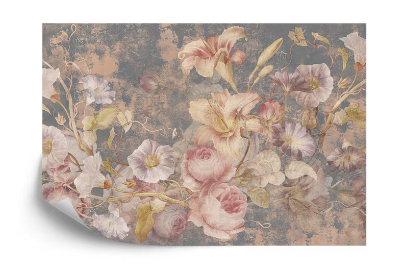 Floral Baroque Grunge Wallpaper Mural, Aged Concrete Art