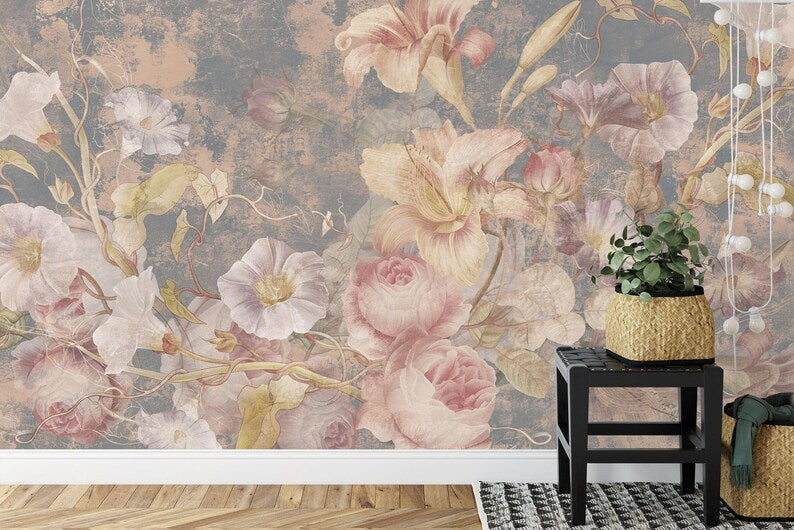 Floral Baroque Grunge Wallpaper Mural, Aged Concrete Art