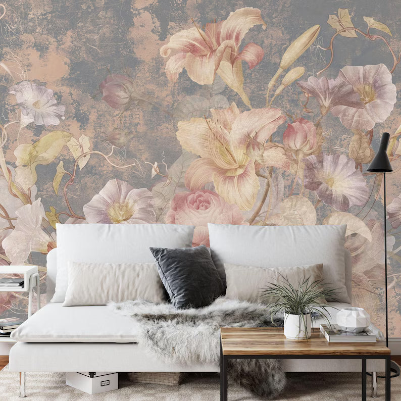 Floral Baroque Grunge Wallpaper Mural, Aged Concrete Art