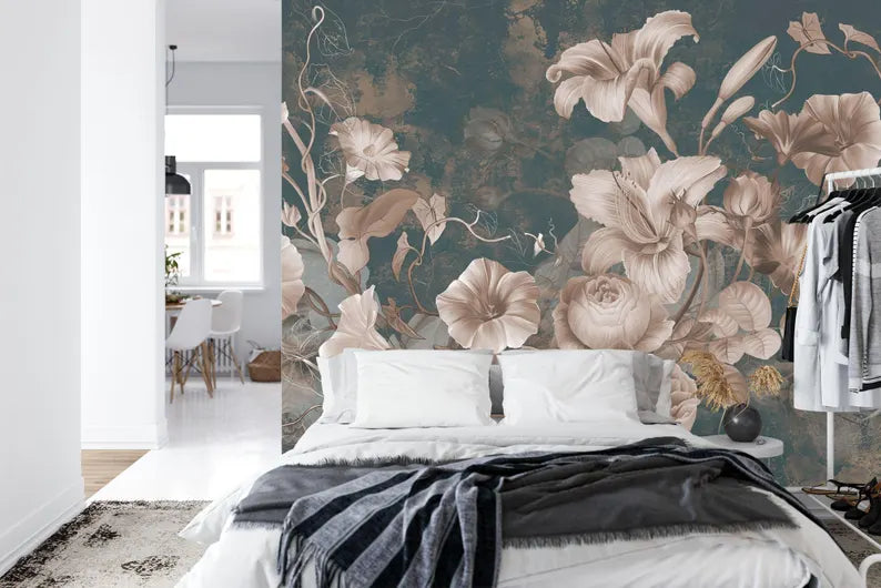 Baroque Floral Wallpaper Mural, Aged Concrete Grunge Art