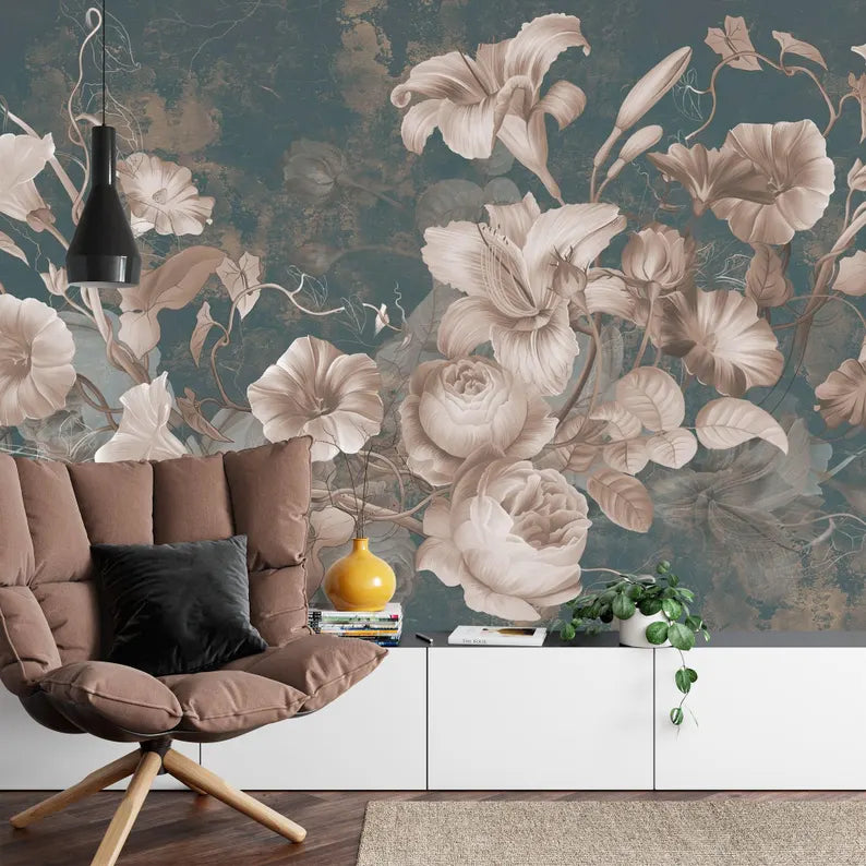 Baroque Floral Wallpaper Mural, Aged Concrete Grunge Art
