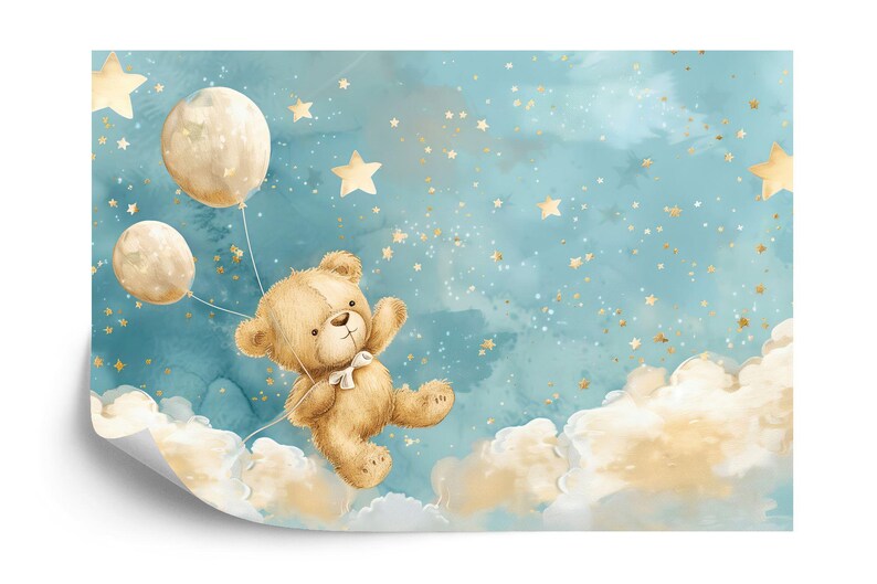 Blue Clouds, Stars, Bear, Balloons Nursery Mural
