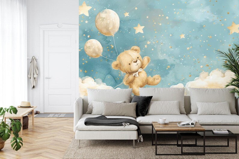 Blue Clouds, Stars, Bear, Balloons Nursery Mural