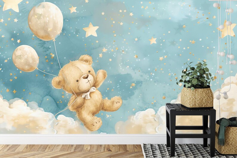 Blue Clouds, Stars, Bear, Balloons Nursery Mural