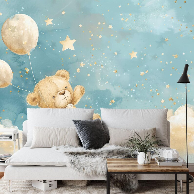 Blue Clouds, Stars, Bear, Balloons Nursery Mural